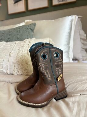 Dbl Barrel - Toddler Brown Cowboy Boots with Turquoise Trim
